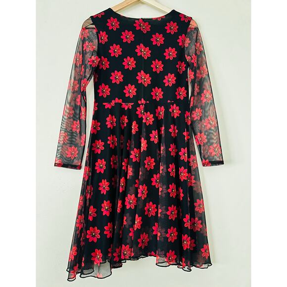 Desigual Girls Dress Size 13/14 Red Daisy Flowers Mesh Black Long Sleeve - Picture 5 of 8